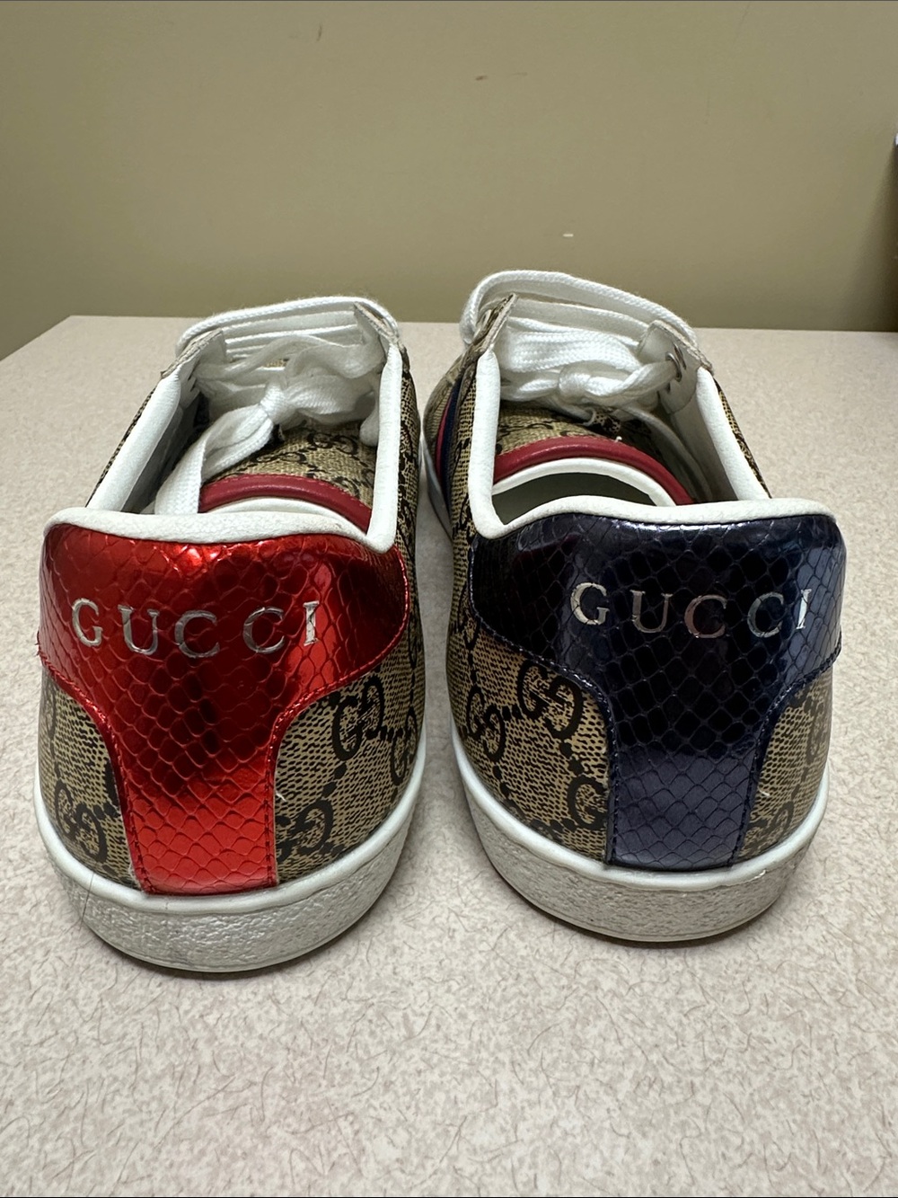 Monogram Pattern Low-Top Sneakers in Brown with Red & Blue Stripe- US-11.5/12 - Picture 3 of 7